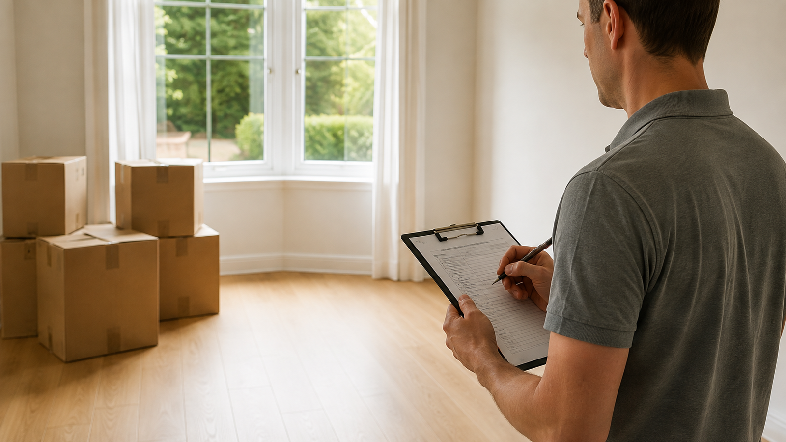 Check-out report inspection in an empty property with boxes