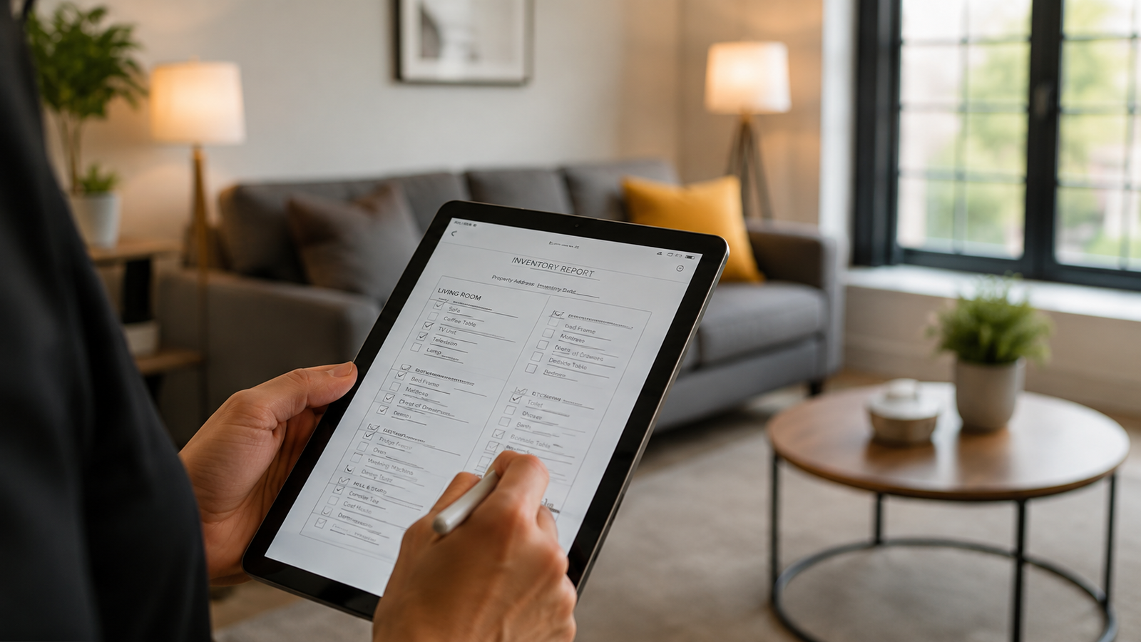 Inventory report inspection using a tablet in a furnished living room