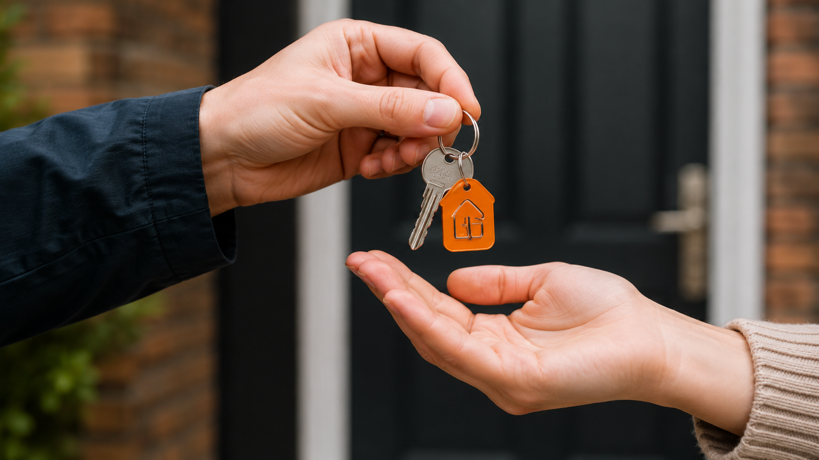 Key handover with house keys and orange property keyring